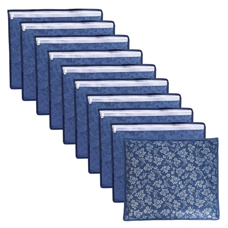LAXIS NonWoven Printed Single Saree Cover Saree Bag Pack of 10Pcs Transparent Saree Covers With Zip Saree Covers For Storage Wardrobe Organiser Size36x42x2cm Blue - Image 1