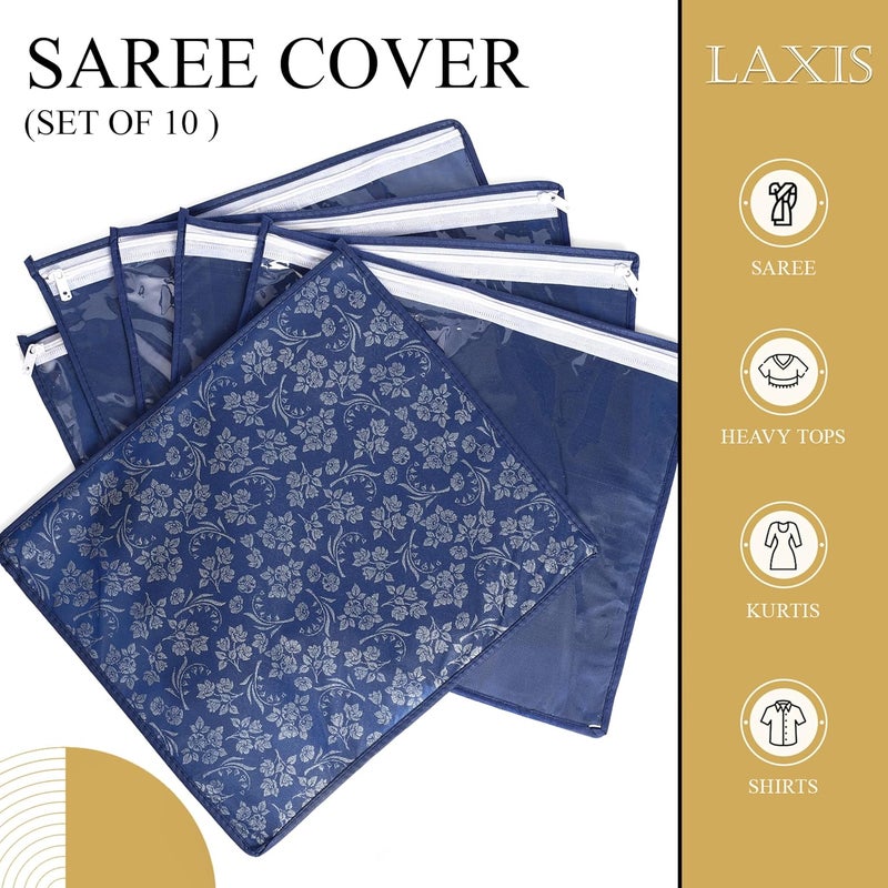 LAXIS NonWoven Printed Single Saree Cover Saree Bag Pack of 10Pcs Transparent Saree Covers With Zip Saree Covers For Storage Wardrobe Organiser Size36x42x2cm Blue - Image 4