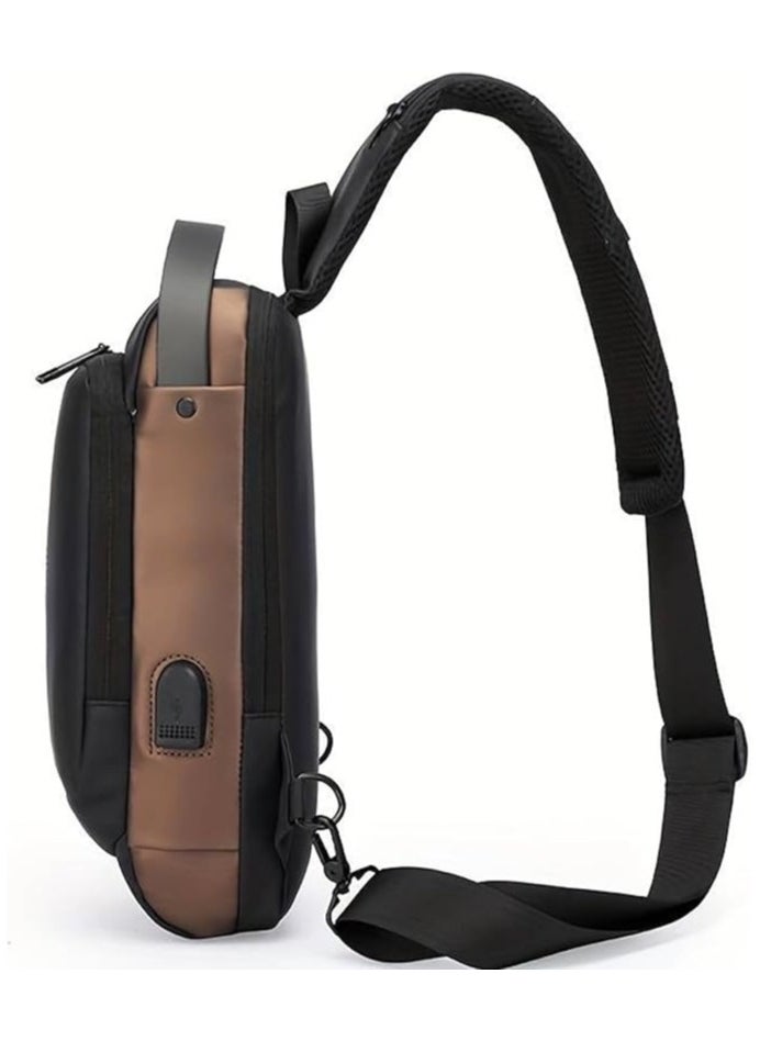 LIMITLESS - Men's Sling Shoulder Backpack USB Charging Sport Sling Anti-Theft Shoulder Bag, Waterproof Crossbody Bags Chest Daypack for Hiking Cycling Travelling Outdoor, Brown - Image 1