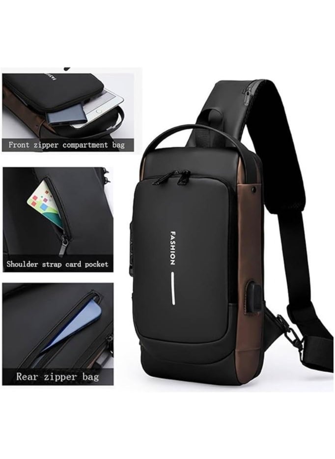 LIMITLESS - Men's Sling Shoulder Backpack USB Charging Sport Sling Anti-Theft Shoulder Bag, Waterproof Crossbody Bags Chest Daypack for Hiking Cycling Travelling Outdoor, Brown - Image 1
