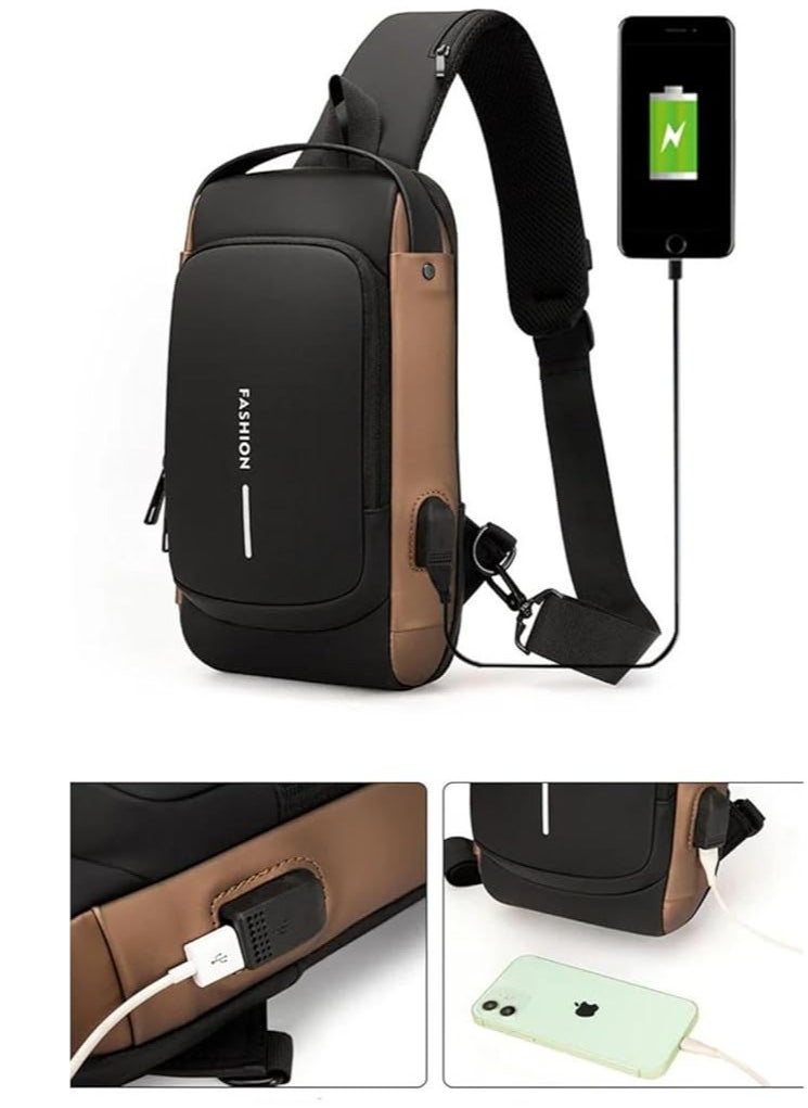 LIMITLESS - Men's Sling Shoulder Backpack USB Charging Sport Sling Anti-Theft Shoulder Bag, Waterproof Crossbody Bags Chest Daypack for Hiking Cycling Travelling Outdoor, Brown - Image 1