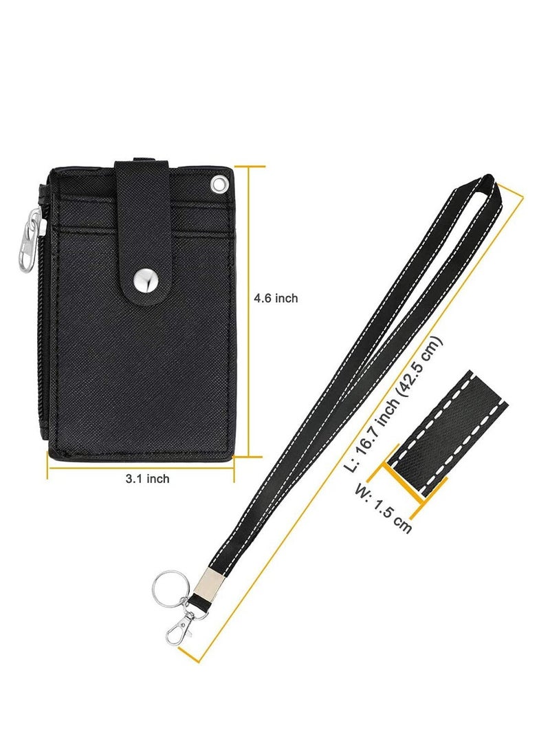 Generic Badge Holder with Zipper, Cute Id Badge Holder Wallet Leather Credit Card Holder Zipper Wallet with Lanyard, 2 Sided 5 Card Slots and Key Chain  - Image 3