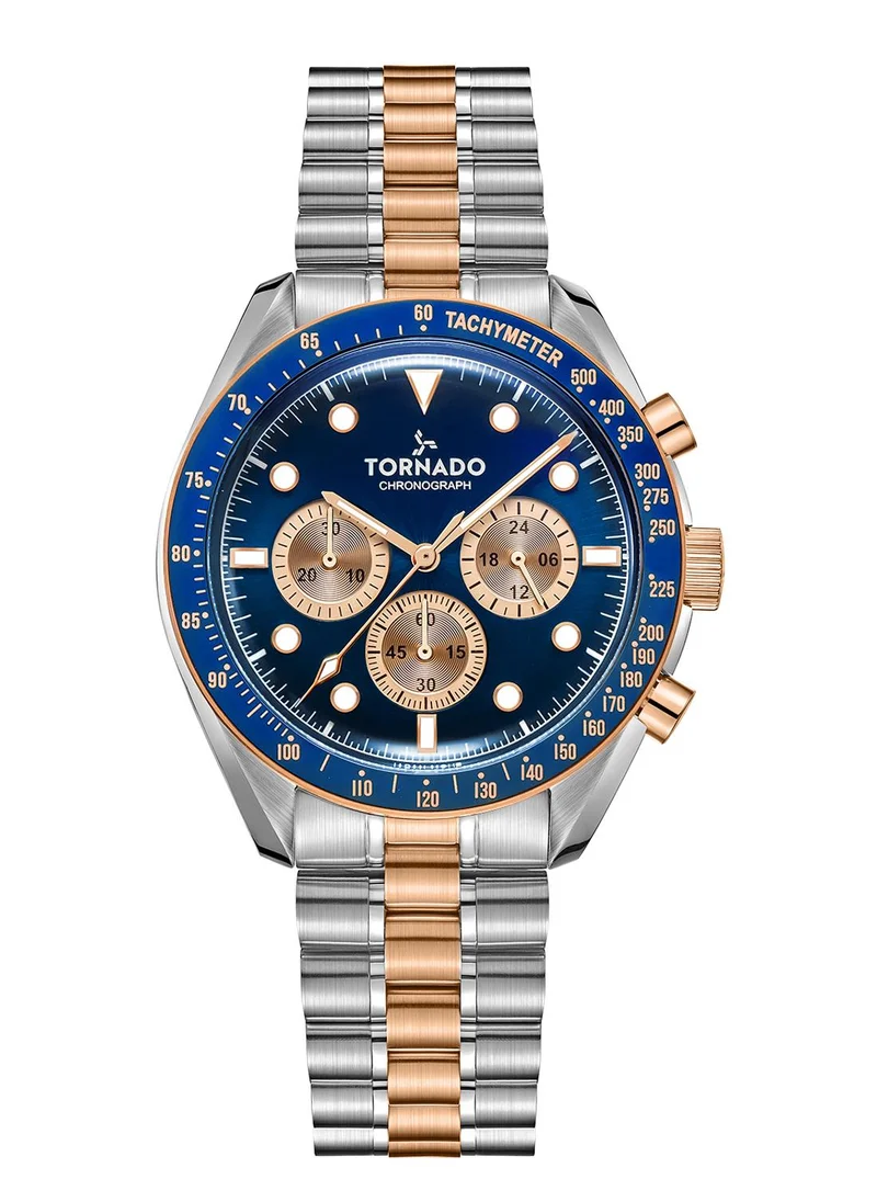 تورنيدو Tornado Cosmic Chrono Men's Miyota JS20 Movement Watch, Chronograph Display and Polished-Brushed Five Arched Links High Quality Solid Stainlees Steel Bracelet Strap - T22103-KBKN, Two Tone Gold