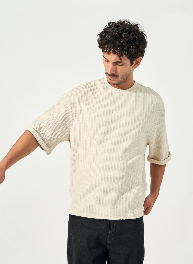 Styli Seersucker Textured Knit Boxy Fitted T-Shirt with Turn-Up Sleeves  - Image 1