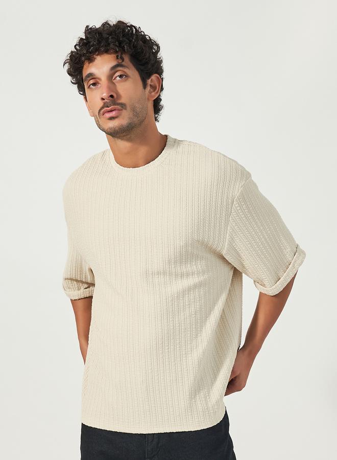 Styli Seersucker Textured Knit Boxy Fitted T-Shirt with Turn-Up Sleeves  - Image 5