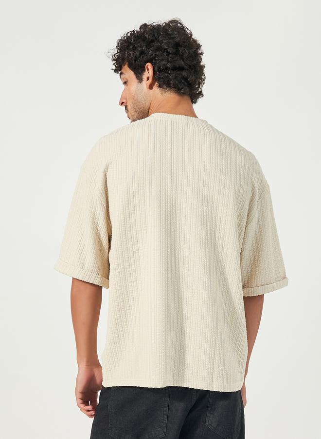 Styli Seersucker Textured Knit Boxy Fitted T-Shirt with Turn-Up Sleeves  - Image 4