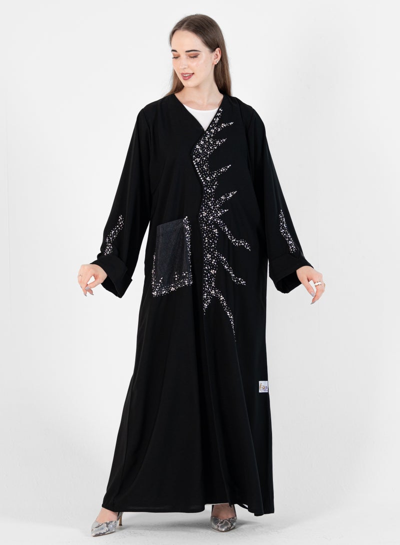 Rosette Abaya Abaya with wave style and silver hand embroidery + pocket Net Embroidery - Image 1
