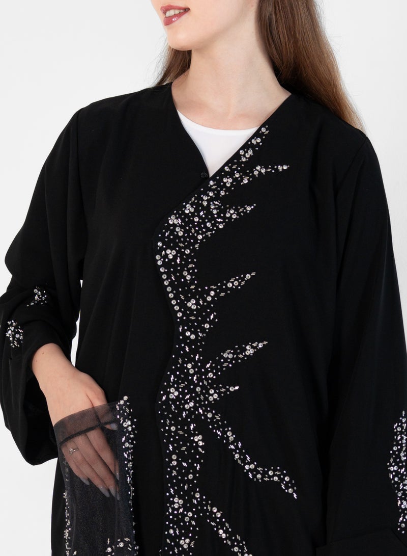 Rosette Abaya Abaya with wave style and silver hand embroidery + pocket Net Embroidery - Image 2