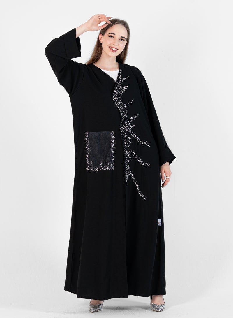 Rosette Abaya Abaya with wave style and silver hand embroidery + pocket Net Embroidery - Image 4