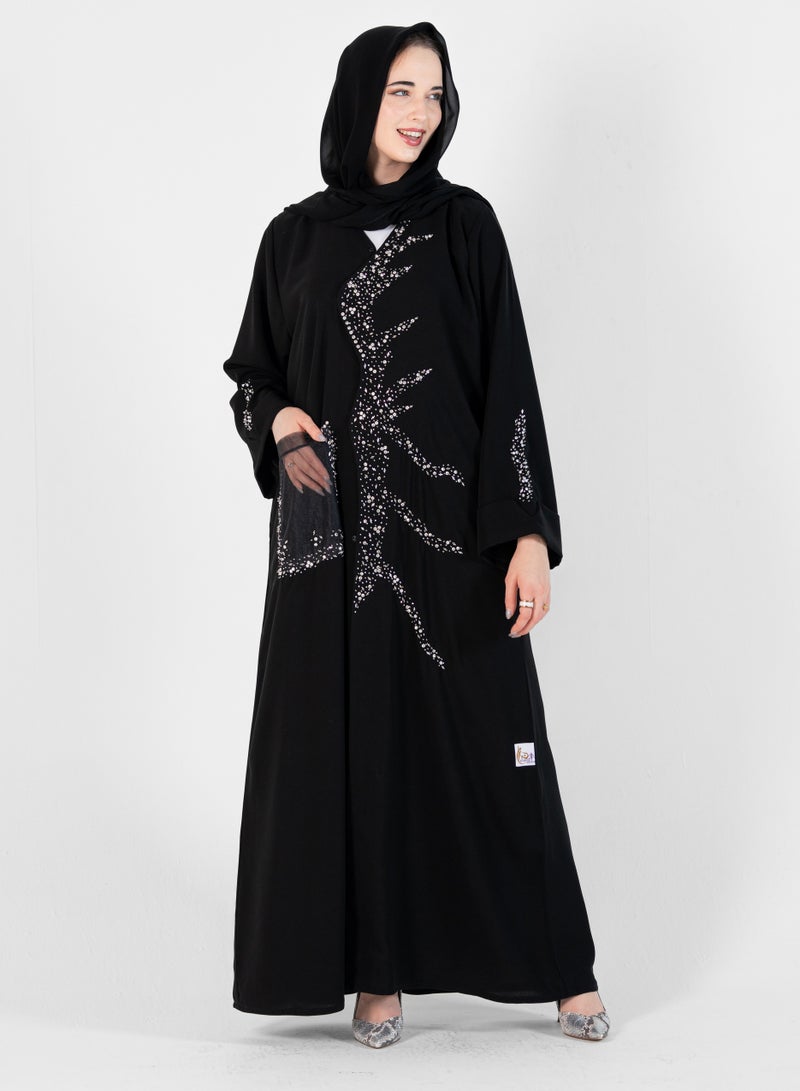 Rosette Abaya Abaya with wave style and silver hand embroidery + pocket Net Embroidery - Image 5