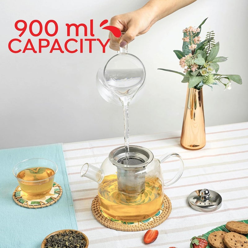 KRUPAVI Tea Pot with Infuser 900ml Glass Tea Kettle for Gas StoveFlame Proof Glass Kettle for Tea Fine Mesh Stainless Steel Infuser - Image 3