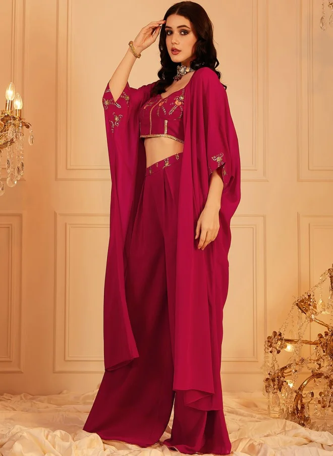 Indo Street Embellished Red Top, Palazzos & Shrug Set for Women