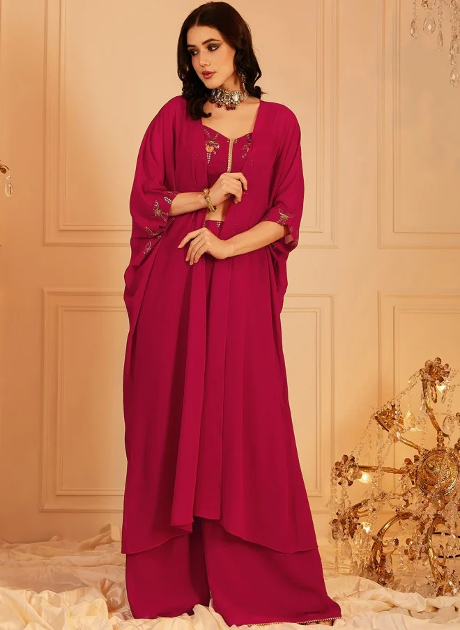 Indo Street Embellished Red Top, Palazzos & Shrug Set for Women