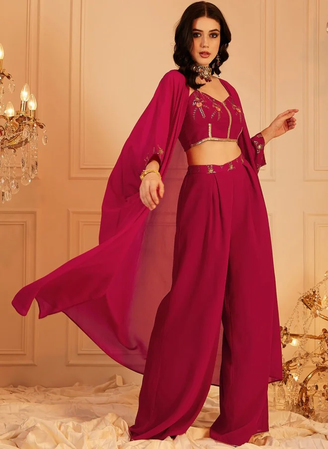 Indo Street Embellished Red Top, Palazzos & Shrug Set for Women