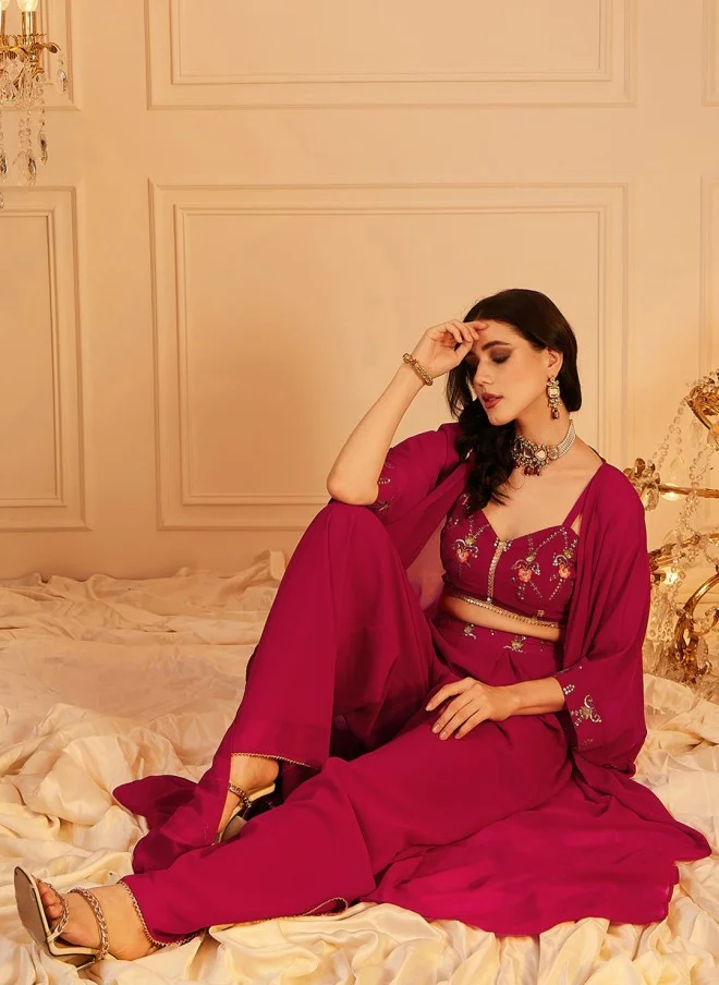 Indo Street Embellished Red Top, Palazzos & Shrug Set for Women