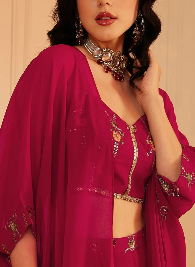 Indo Street Embellished Red Top, Palazzos & Shrug Set for Women
