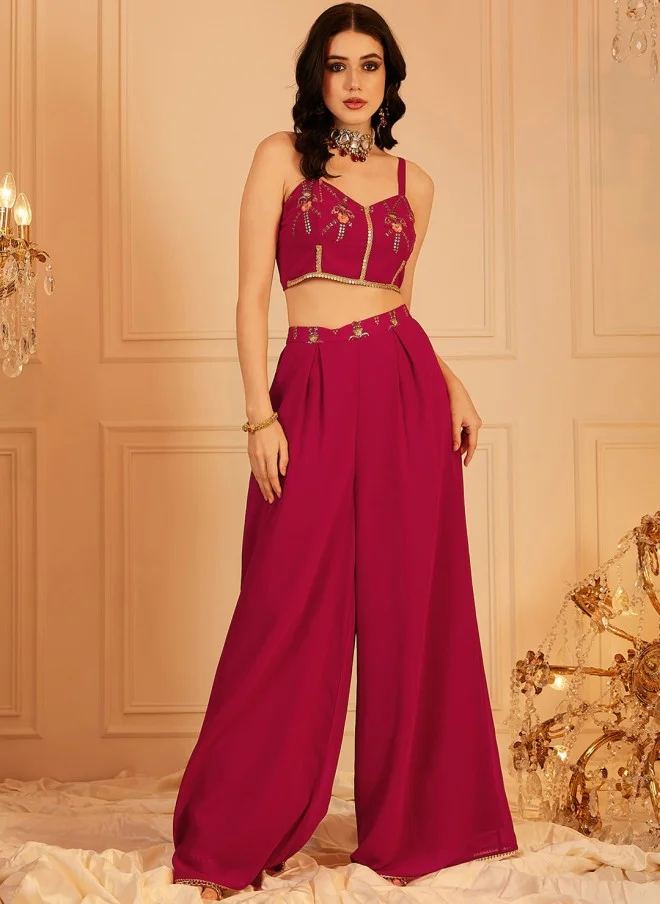 Indo Street Embellished Red Top, Palazzos & Shrug Set for Women
