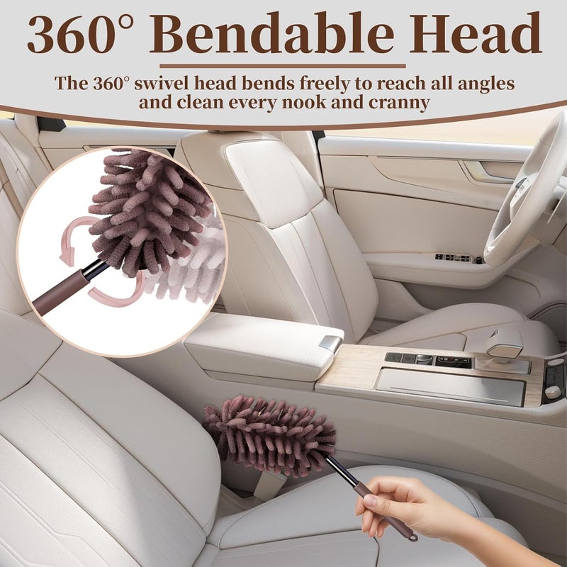 ecocstm 2 PCS Car Interior Duster with Extension Pole, Microfiber Car Duster with Bendable Head, Car Duster Exterior&Interior Scratch Free, for Cleaning of Vehicle Details, Offices, Windows, Furniture(Brown) Slow wear optimized quality - Image 4