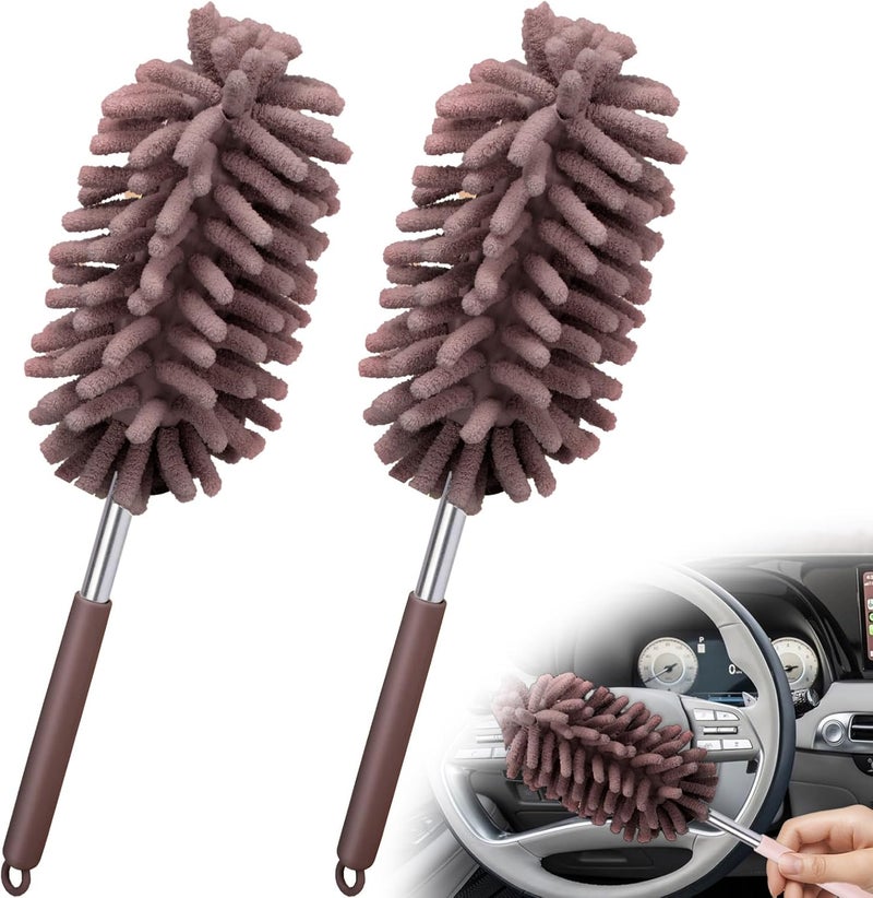 ecocstm 2 PCS Car Interior Duster with Extension Pole, Microfiber Car Duster with Bendable Head, Car Duster Exterior&Interior Scratch Free, for Cleaning of Vehicle Details, Offices, Windows, Furniture(Brown) Slow wear optimized quality - Image 1