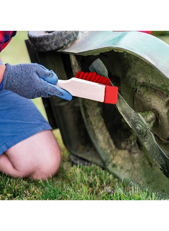 Red Heavy Duty Lawn Mower Cleaning Brush with Scraper and Wooden Handle - Image 1