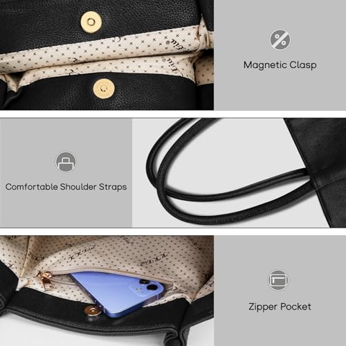 KKXIU Tote Bag for Women Vegan Leather Shoulder Purse Large Capacity Travel Bag (Black) - Image 5