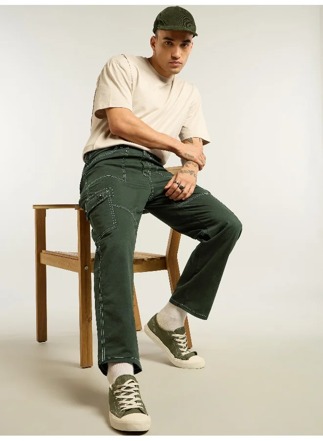 Beyoung Dark Olive Contrast Stitched Cargo Pants