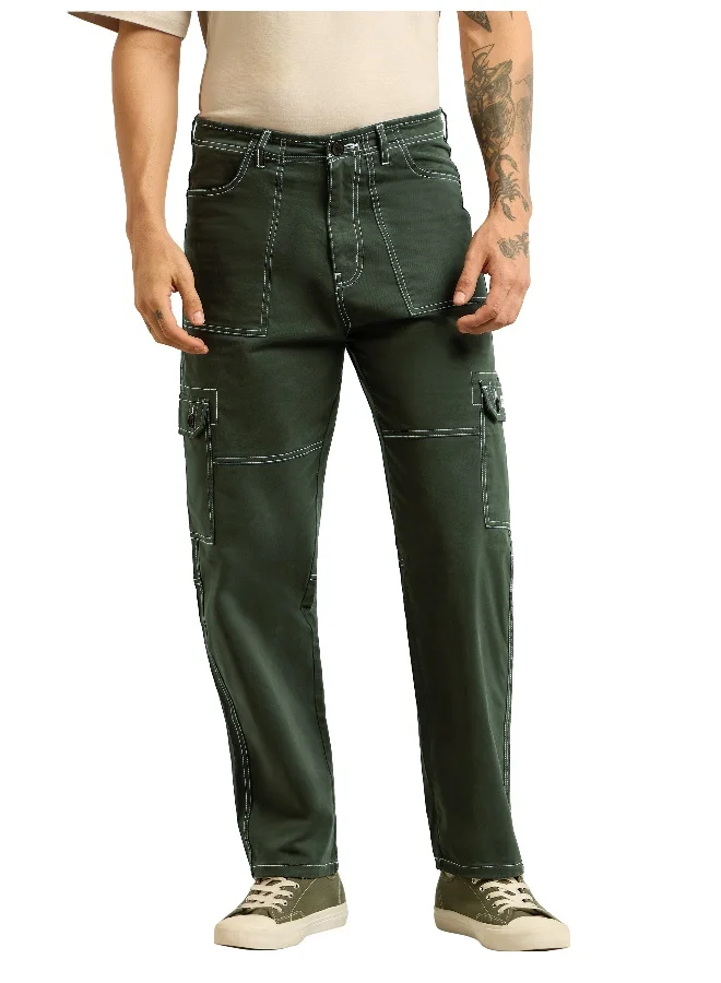 Beyoung Dark Olive Contrast Stitched Cargo Pants