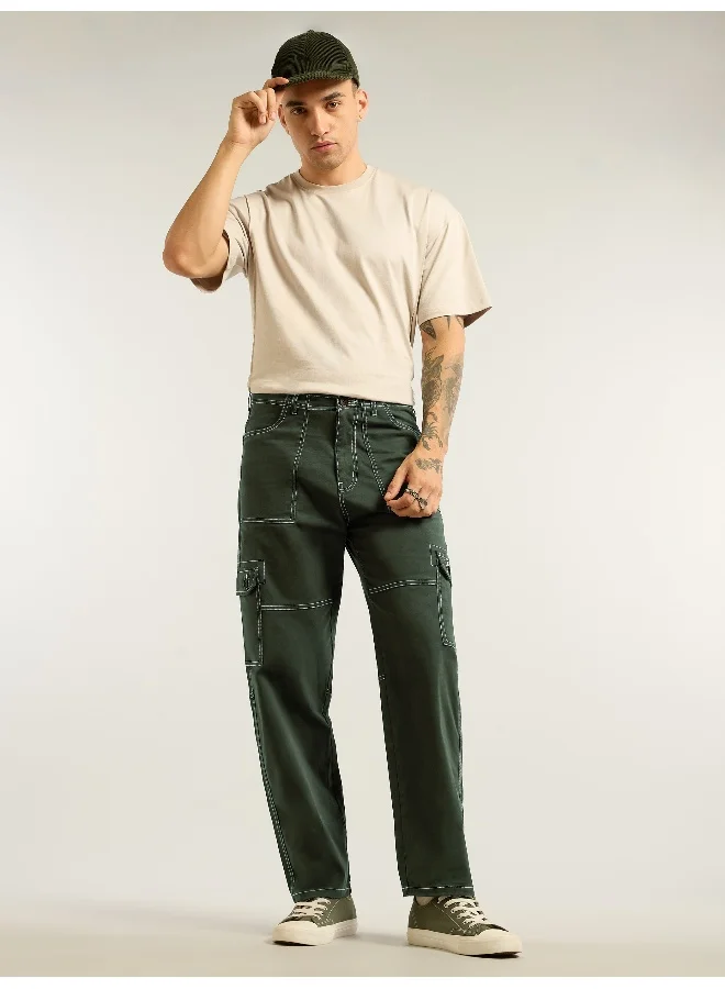 Beyoung Dark Olive Contrast Stitched Cargo Pants