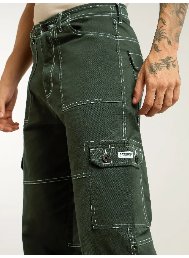 Beyoung Dark Olive Contrast Stitched Cargo Pants