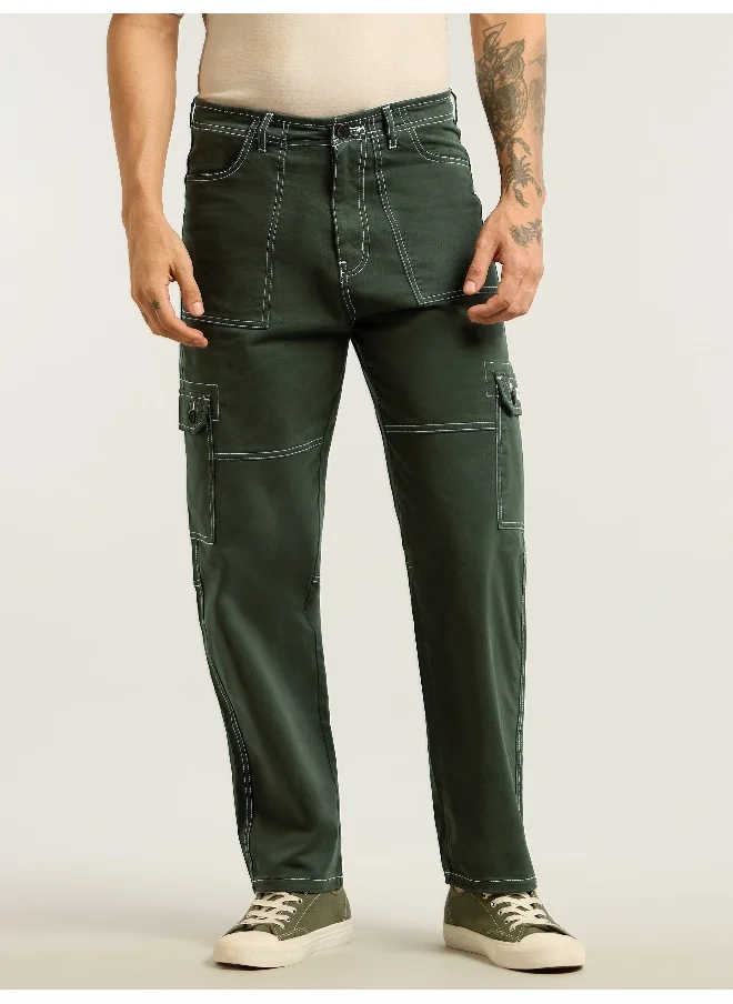 Beyoung Dark Olive Contrast Stitched Cargo Pants