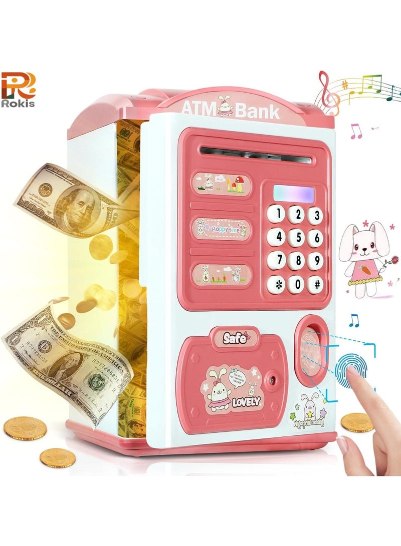 Rokis Electronic Piggy Bank - Mini ATM with Fingerprint & Password Money Bank Cash Coins Saving Box for Kids, Automatic Paper Money Scroll Saving Box, Perfect Toy Gifts for Boys Girls (Pink) - Image 1