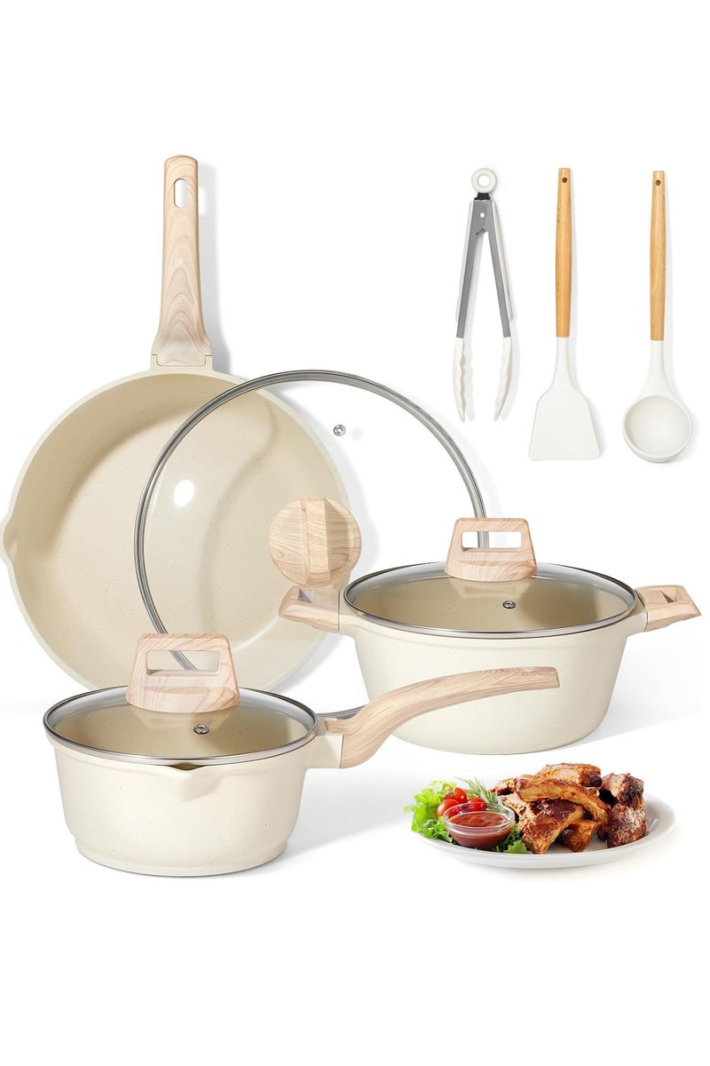 WENTCCION 9 PCS Pots and Pans Set, Compatible with All Stoves Include Induction, 30cm Fry Pan with lid,18cm Milk Pot with lid & 24cm Stockpot with lid, Silicone Shovel, Spoon & Tongs(PFOS, PFOA Free) - Image 1