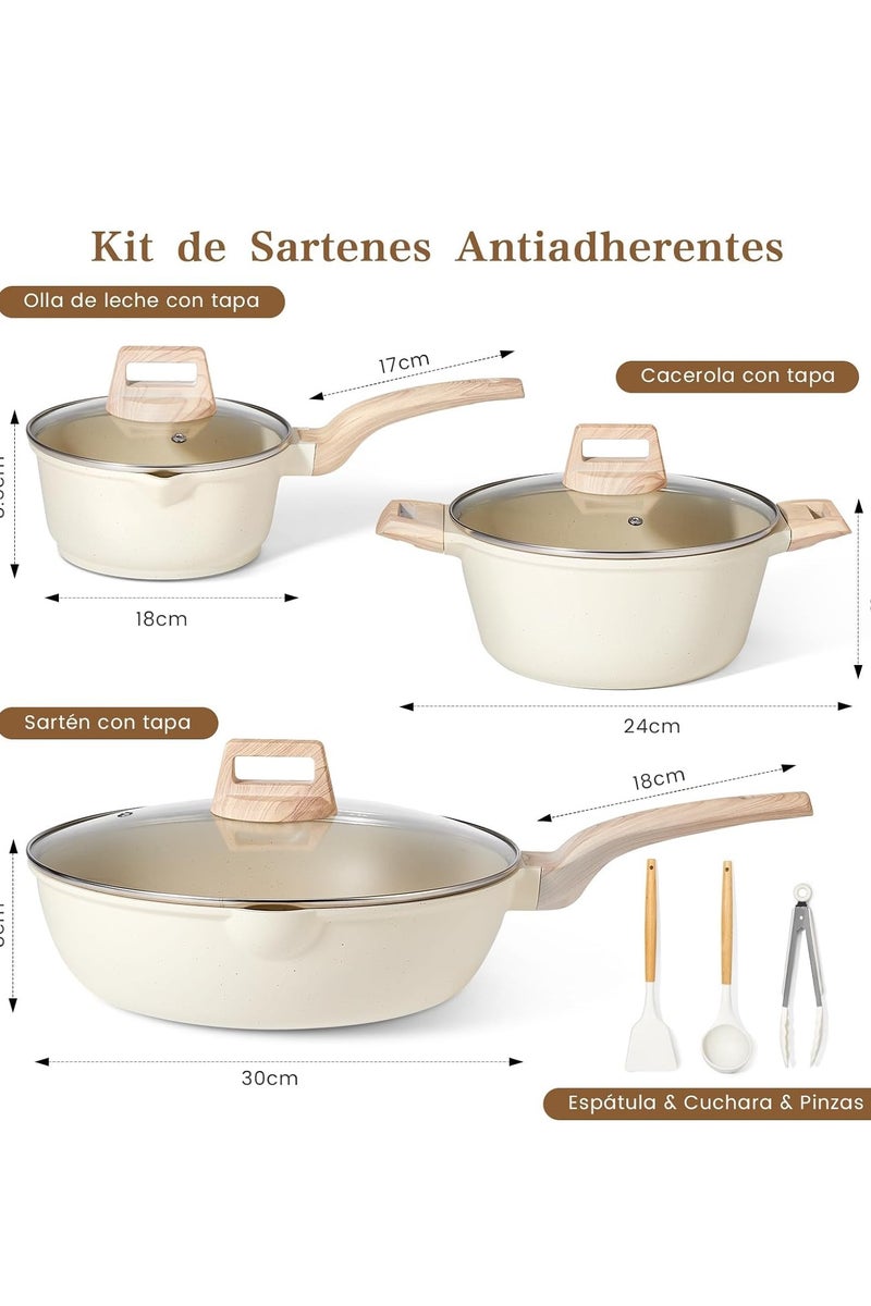 WENTCCION 9 PCS Pots and Pans Set, Compatible with All Stoves Include Induction, 30cm Fry Pan with lid,18cm Milk Pot with lid & 24cm Stockpot with lid, Silicone Shovel, Spoon & Tongs(PFOS, PFOA Free) - Image 2