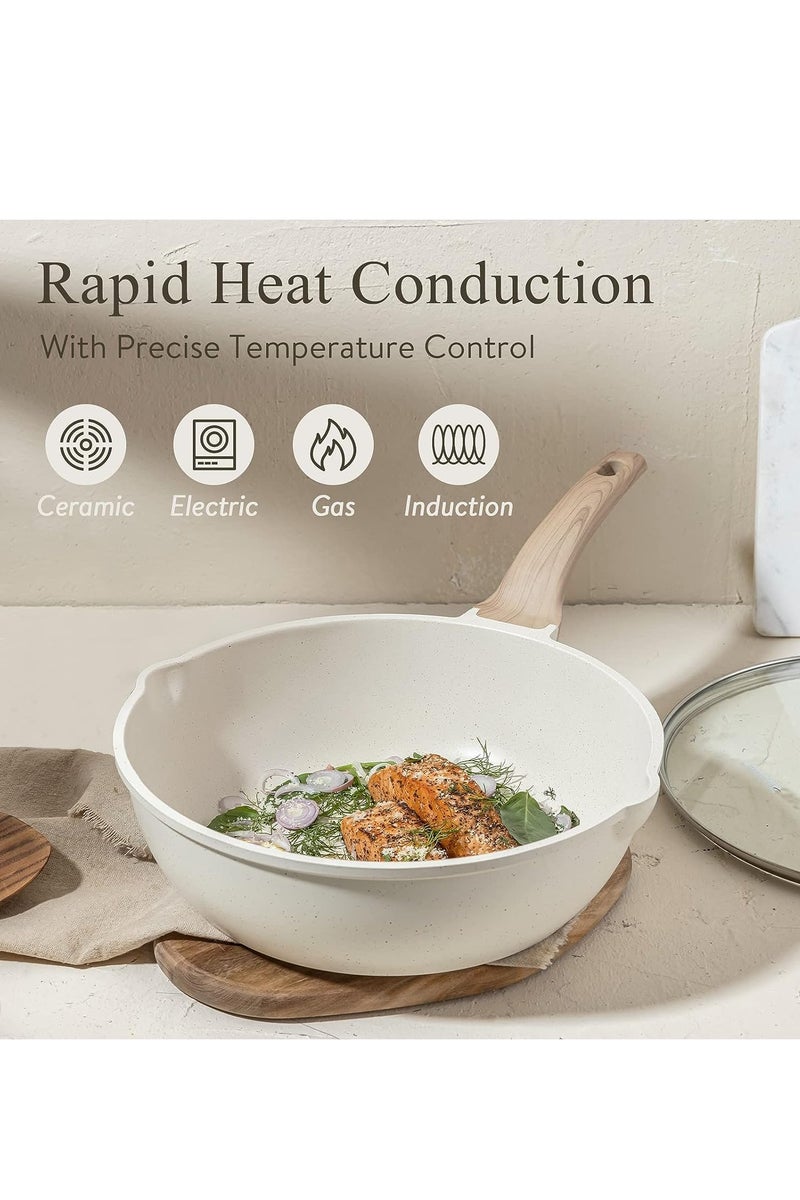 WENTCCION 9 PCS Pots and Pans Set, Compatible with All Stoves Include Induction, 30cm Fry Pan with lid,18cm Milk Pot with lid & 24cm Stockpot with lid, Silicone Shovel, Spoon & Tongs(PFOS, PFOA Free) - Image 5