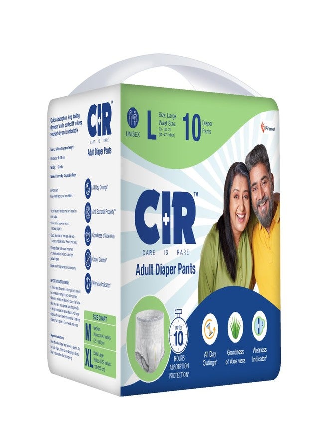 حفاضات CIR للكبار، مقاس كبير (90-120 سم | 35-47 بوصة) | للجنسين مع مؤشر للبلل | تحكم في الرائحة | امتصاص وحماية لمدة 10 ساعات | غني بخلاصة الصبار | 10 قطع - Image 1