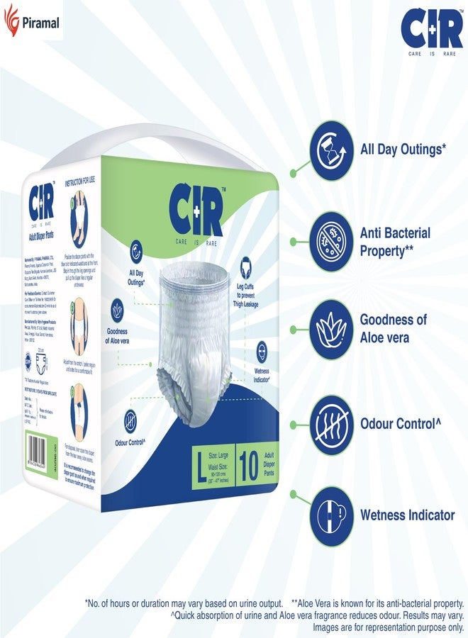 حفاضات CIR للكبار، مقاس كبير (90-120 سم | 35-47 بوصة) | للجنسين مع مؤشر للبلل | تحكم في الرائحة | امتصاص وحماية لمدة 10 ساعات | غني بخلاصة الصبار | 10 قطع - Image 2
