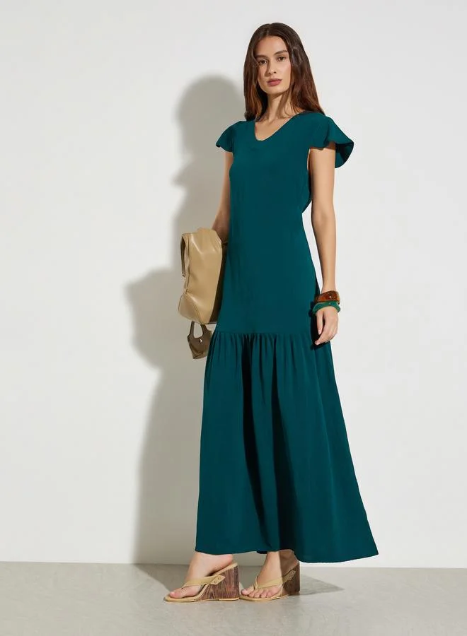 Maxim Creation Dark Green V Neck A-Line Maxi Dress