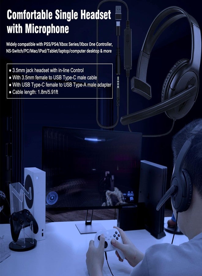 جوسو سماعة رأس سلكية أحادية الأذن من جوسو مزودة بميكروفون، متوافقة مع PS5/PS4/Xbox/Switch/PC/iPad/Mac/التابلت، مع محول من 3.5 ملم إلى USB-A وUSB-C - مثالية للاستخدام المكتبي، والعمل عن بُعد، والتدريب، والألعاب، والمحادثات الصوتية. - Image 4