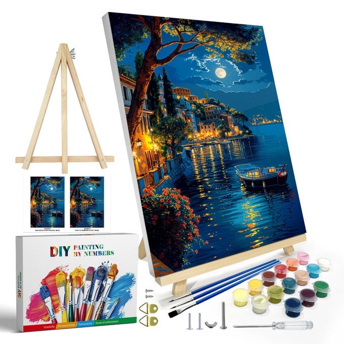 PAINT BY NUMBERS KIT FOR ADULTS WITH FRAME MOON PAINT BY NUMBER WITH EASEL DIY TOWN LAKE BOAT PAINT BY NUMBERS LANDSCAPE FOR HOME WALL DECOR 8 X 12 INCH