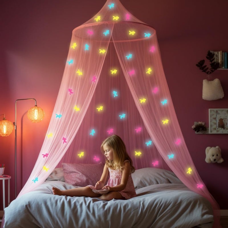 UB-STORE Pink Canopy for Girls Bed with Pre-Glued Glow in The Dark Unicorns - Princess Mosquito Net Room Decor - Kids & Baby Bedroom Tent with Galaxy Lights - 1 Opening Canopy Bed & Hanging Kit Included - Image 3