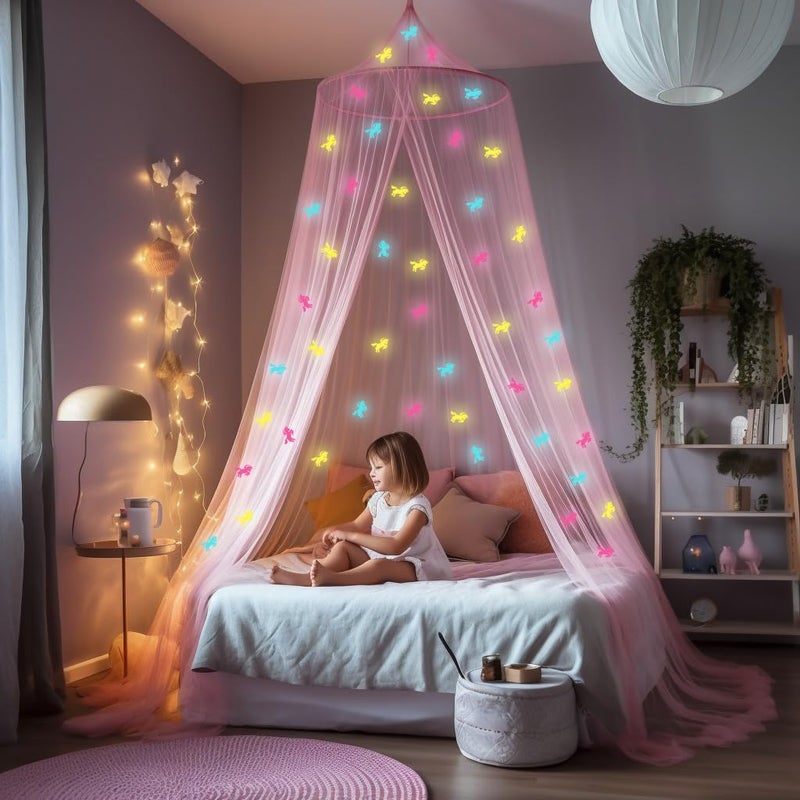 UB-STORE Pink Canopy for Girls Bed with Pre-Glued Glow in The Dark Unicorns - Princess Mosquito Net Room Decor - Kids & Baby Bedroom Tent with Galaxy Lights - 1 Opening Canopy Bed & Hanging Kit Included - Image 1