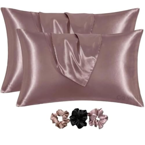 GO WELL Solid Satin Silk Pillow Covers Pack of 2 for Hair and Skin-with Satin Scrunchies |Satin Pillow coves for Hair and Skin|scrunchies for Women 3-Piece|Silk Pillow case (Rose Taupe) 800Tc - Image 1