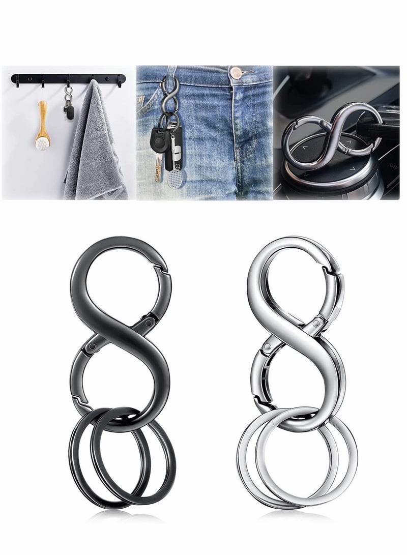 2 Pcs Car Key Chains, 8 Shape Car Detachable Key Chains Zinc Alloy Business Key Rings with 4 Extra Key Rings for Men and Women (Black + Silver ) - Image 1