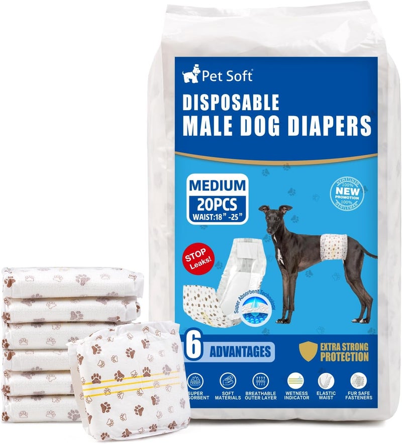 Pet Soft Dog Nappies Male- 20 Counts Disposable Male Dog Wraps, Super Absorbent Puppy Dog Diapers Incontinence Nappy Wraps with Wetness Indicator (M-20 Count) - Image 1