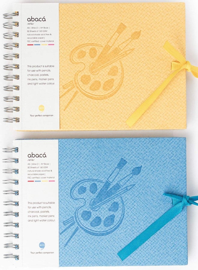 Comma Abaca - Wire-O Bound Sketchbook with Ribbon Closure - A5 Size - 50 Sheets - 160gsm Anti-Ageing, Acid Free Paper- Micro-Perforations for Easy Tear Off - Pack of 2 - (Sky Blue + Yellow) - Image 1