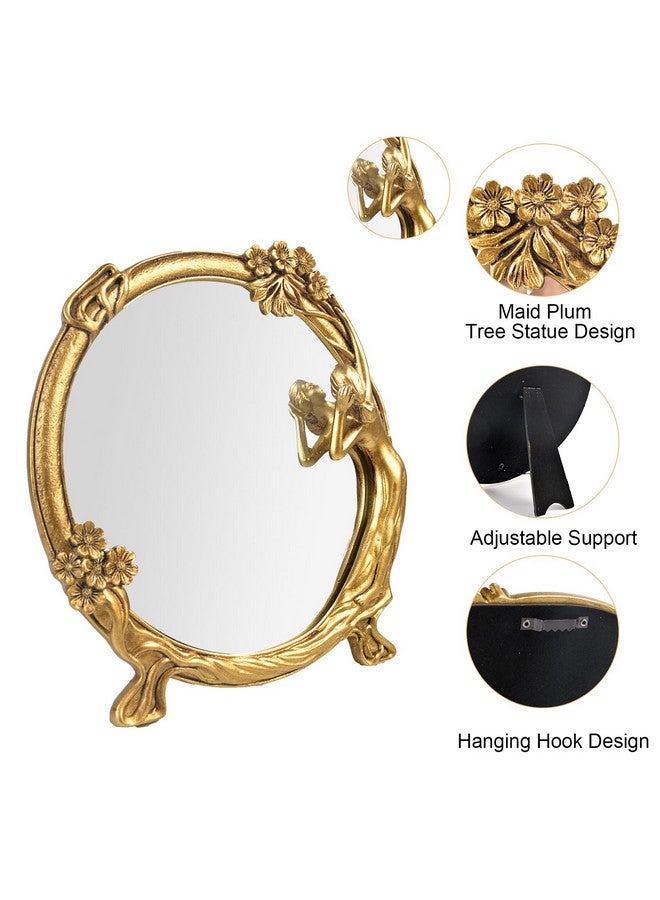 Nerien Resin Vintage Makeup Mirror Decorative Tabletop Rectangle Mirror Gold Standing Desktop Cosmetic Mirror Maid Girl Vanity Mirror Plum Floral Countertop Dressing Mirror With Stand For Home Decor - Image 3