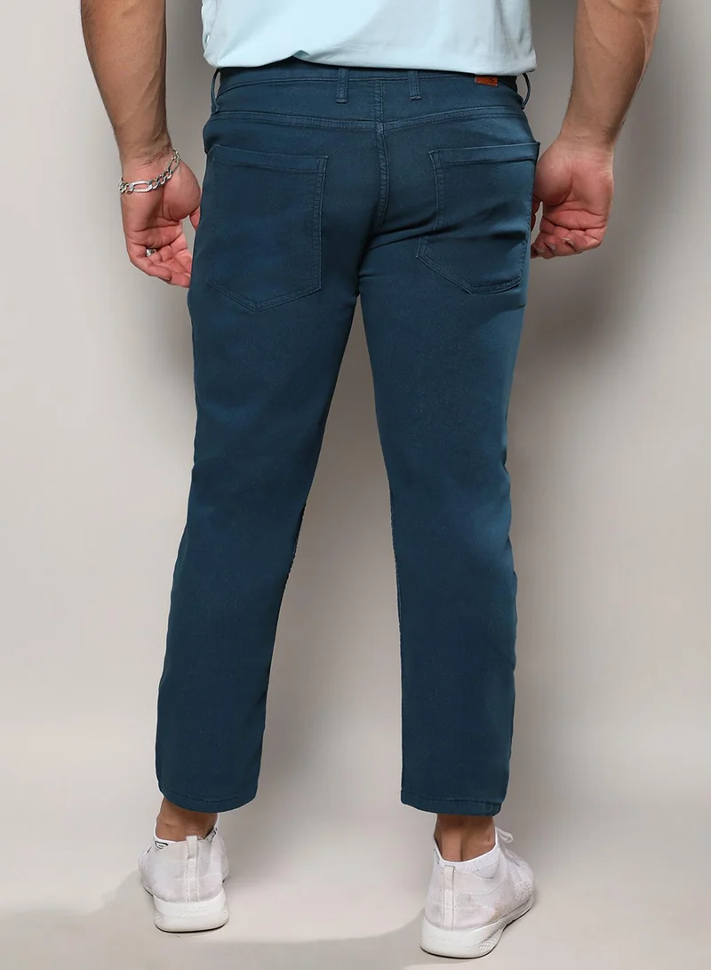 Instafab Plus Instafab Plus Men's Prussian Blue Rolled Hem Denim Jeans For Casual Wear | Dark-Wash | 5 Pockets | Button Closure | Denim Jeans Crafted With Comfort Fit For Everyday Wear