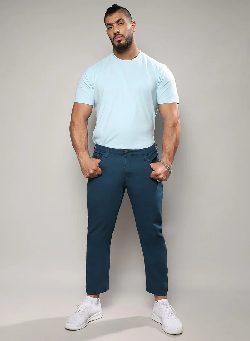 Instafab Plus Instafab Plus Men's Prussian Blue Rolled Hem Denim Jeans For Casual Wear | Dark-Wash | 5 Pockets | Button Closure | Denim Jeans Crafted With Comfort Fit For Everyday Wear