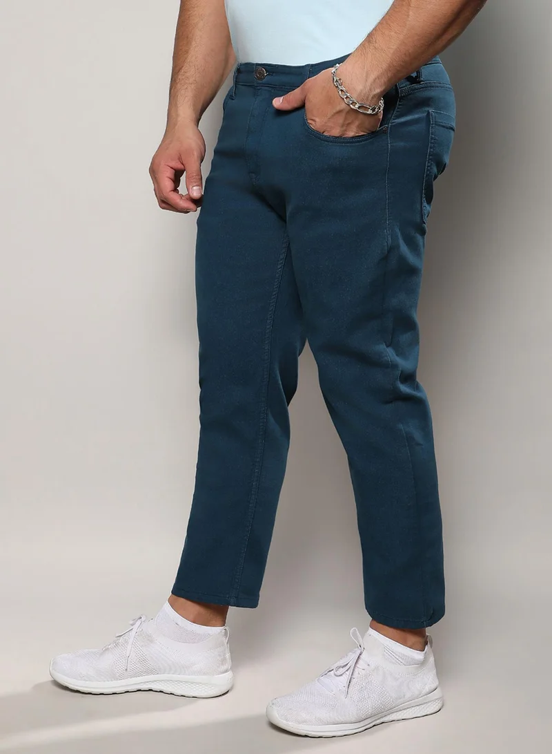 Instafab Plus Instafab Plus Men's Prussian Blue Rolled Hem Denim Jeans For Casual Wear | Dark-Wash | 5 Pockets | Button Closure | Denim Jeans Crafted With Comfort Fit For Everyday Wear