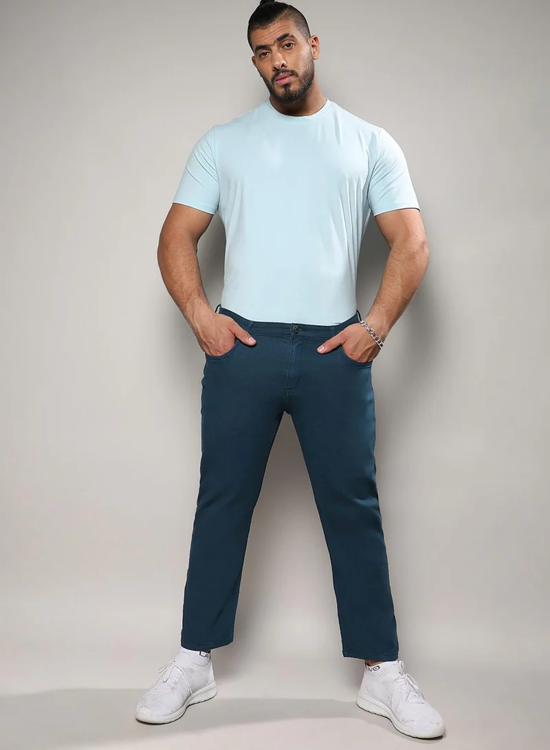 Instafab Plus Instafab Plus Men's Prussian Blue Rolled Hem Denim Jeans For Casual Wear | Dark-Wash | 5 Pockets | Button Closure | Denim Jeans Crafted With Comfort Fit For Everyday Wear
